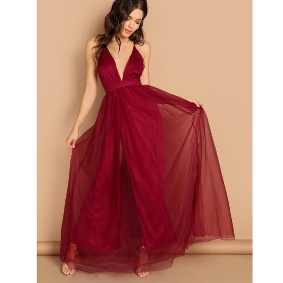 Burgundy Mesh Backless Maxi Dress V-Neck - Picture 5 of 6